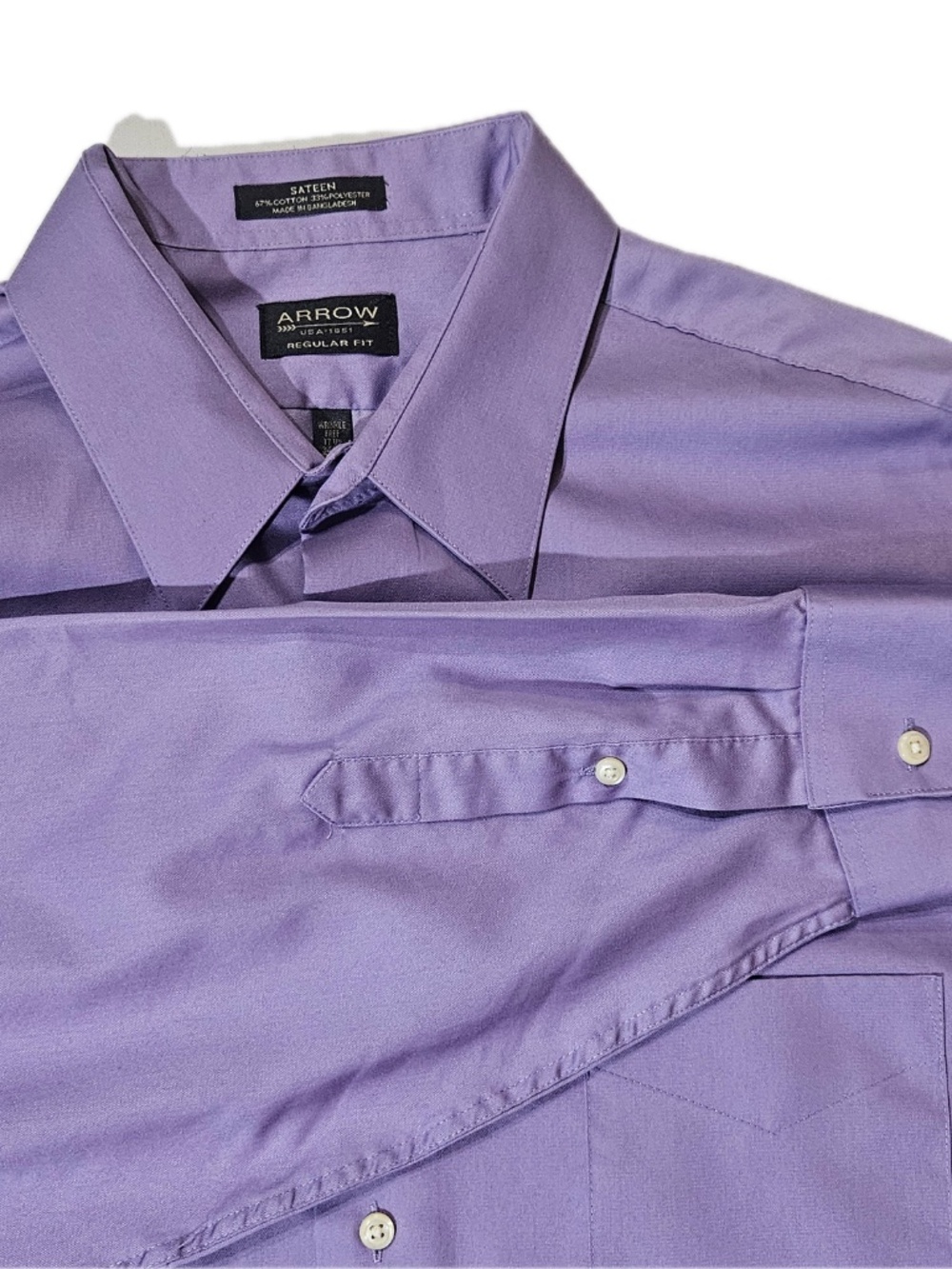 Arrow Dress Shirt Mens 17.5 Purple Point‎ Collar Wrinkle Resistant Cotton/Poly